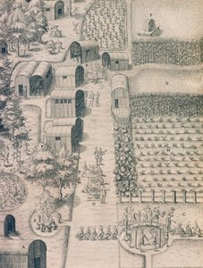 Un villaggio indiano nativo circondato da terreni coltivati in Virginia da Theodore de Bry