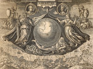 Allegoria delle Indie Occidentali o Americhe, con ritratti dei navigatori Cristoforo Colombo e Amerigo Vespucci da Theodore de Bry