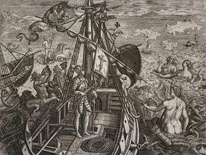 Allegoria del viaggio di Cristoforo Colombo alla scoperta del Nuovo Mondo, incisione di Theodor de Bry (1528-1598)