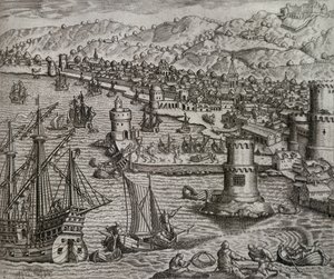 Arrivo di Girolamo Benzoni nel porto di Las Palmas durante il suo viaggio nelle Americhe, incisione di Theodor de Bry da Theodore de Bry