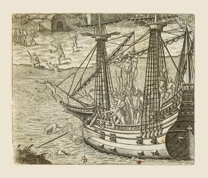 Bartolomeo Diaz impicca alcuni indiani su una caravella, incisione di Theodor de Bry (1528-1598) da Americae pars quarta, sive, Insignis et admiranda historia de reperta primum Occidentali India Christophoro Columbo, di Girolamo Benzoni da Theodore de Bry