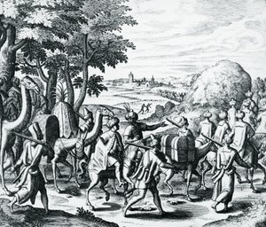 Carovana di mercanti arabi in viaggio da Aleppo a Basra, incisione da Grands and Petits Voyages di Theodor de Bry, Medio Oriente