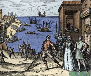 Cristoforo Colombo e i fratelli Pinzon lasciano il porto di Palos in Spagna il 03/08/1492 per il Nuovo Mondo. A destra il Re e la Regina di Portogallo Cattolici Ferdinando II d