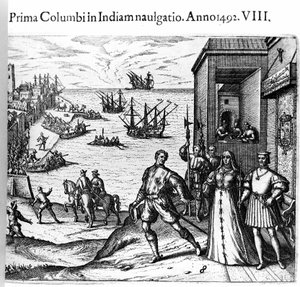 Cristoforo Colombo e i fratelli Pinzon lasciano il porto di Palos in Spagna il 03/08/1492 per il Nuovo Mondo. A destra il Re e la Regina di Portogallo Cattolici Ferdinando II d