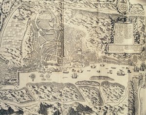 Città di Goa in India, incisione di Theodor de Bry dal resoconto di viaggio del marinaio Jan Huyghen van Linschoten in India Orientale Portoghese 1579-1592, XVI secolo