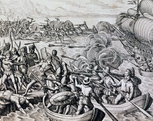 Scontro tra indiani nativi e truppe spagnole, incisione dalla Historia Americae, di Theodor de Bry, Francoforte