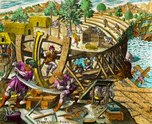Costruzione di una barca per il navigatore spagnolo Vasco Núñez de Balboa (1475-1517). Incisione da Storia delle Americhe di Theodore de Bry (1528-1598) XVI secolo. Collezione privata da Theodore de Bry