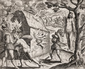 Descrizione dei crimini inflitti agli indiani dai coloni spagnoli - Incendio di un villaggio indiano da parte dei Conquistadores. Impiccagione - Incisione di Theodore de Bry in "Narratio regionum indicarum per Hispanos quosdam devastatarum verissima" di Ba