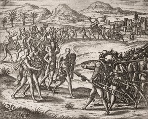 Descrizione dei crimini inflitti agli indiani dai coloni spagnoli - Indiani che portano doni e oro ai Conquistadores - Incisione di Theodore de Bry in 