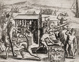 Descrizione dei crimini inflitti agli indiani dai coloni spagnoli - Conquistadores spagnoli che fanno lavorare gli indiani e li maltrattano - Indiani antropofagi - Incisione di Theodore de Bry in "Narratio regionum indicarum per Hispanos quosdam devastatar da Theodore de Bry