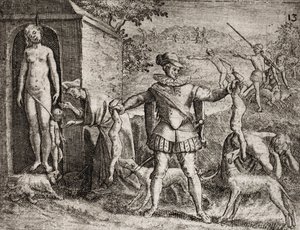 Descrizione dei crimini inflitti agli indiani dai coloni spagnoli - Conquistadores spagnoli che massacrano donne e bambini indiani. Impiccagione. Bambini gettati ai cani - Incisione di Theodore de Bry in 