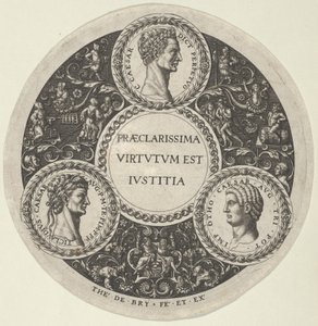 Design per un piatto con ritratti degli imperatori romani Cesare, Claudio e Otone, ca. 1588 da Theodore de Bry