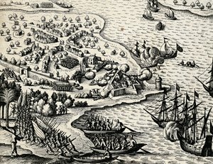 Spedizione olandese lungo la costa del Mozambico, incisione da India orientalis da Theodore de Bry