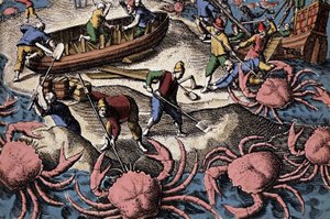 Navigatori europei che combattono un grande granchio. Incisione da "Petites voyages aux Indes Orientales" di Theodore de Bry da Theodore de Bry