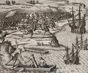 Combattimento tra Cristoforo Colombo e Francesco Poresio in Giamaica, incisione di Theodor de Bry (1528-1598) da Theodore de Bry