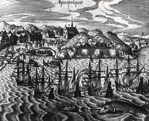 Flotta di galeoni nel porto di Acapulco, incisione di Theodor de Bry (1528-1598) da Theodore de Bry