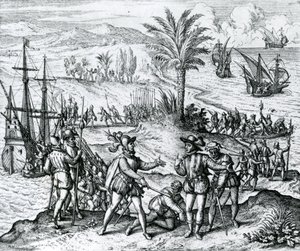 Francisco de Bobadilla che arriva come governatore e arresta Cristoforo Colombo (1451-1506) a Hispaniola, 1500, 1590