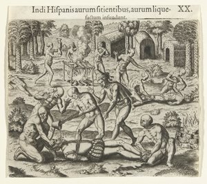 Gli indiani versano oro liquido nella bocca di uno spagnolo, 1594 da Theodore de Bry