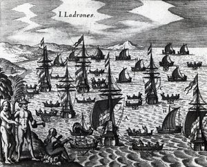 Isole dei Ladri (Islas de los Ladrones, oggi isole Marianne), incisione da Peregrinationes, di Theodor de Bry. XVI secolo da Theodore de Bry