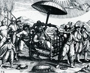 Portoghesi in India, trasportati su lettiga, incisione da Peregrinationes, di Theodor de Bry, India da Theodore de Bry