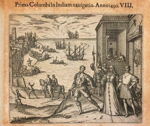 La regina Isabella e il re Ferdinando salutano la partenza di Cristoforo Colombo a Palos, Spagna, incisione di Theodor de Bry