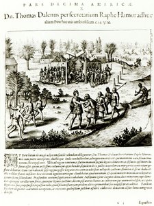 Ralph Hamor visita Powhatan, 1619 da Theodore de Bry