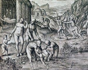 Rimedi usati dai nativi contro le malattie, incisione da Historia America, Francoforte da Theodore de Bry