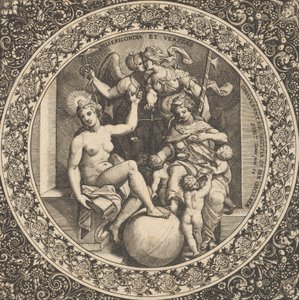 Scena con Misericordia e Veritas in un cerchio al centro da Theodore de Bry
