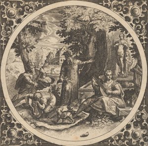 Scena con un avvertimento contro le malattie veneree in un cerchio al centro, 1580-1600 da Theodore de Bry