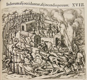 Alcuni indiani vengono uccisi, alcuni periscono in un incendio. Da: Americae pars quarta da Theodore de Bry