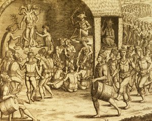 Rito religioso indigeno sudamericano, incisione da Historia americae, di Theodor de Bry (1528-1598), Francoforte