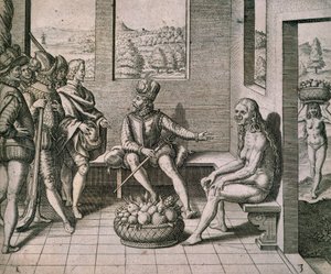 Conquistatori spagnoli che incontrano donne native in America