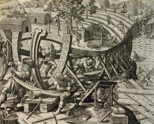Marinai spagnoli che costruiscono una caravella, incisione da Historia Americae, di Theodor de Bry da Theodore de Bry