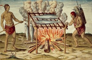 Indigeni Taino che cucinano pesce, incisione a colori di Theodor de Bry (1528-1598) da un dipinto di John White, da Breve e veritiero resoconto della nuova terra trovata della Virginia da Theodore de Bry