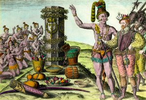 I floridiani arrivarono alla colonna eretta dal navigatore francese Jean Ribault (1520-1565) della prima spedizione in Florida Incisione da Storia d