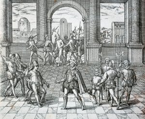 Il re Inca Atahualpa catturato dagli spagnoli a Cajamarca, illustrazione da Storia Americana da Theodore de Bry