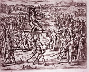 Il re Inca, Atahualpa (o Atabaliba), con uno scettro a forma di sole, viene portato su una lettiga per incontrare Francisco Pizarro (incisione) da Theodore de Bry
