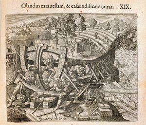 Gli spagnoli costruiscono la loro prima nave nel Nuovo Mondo, incisione di Theodor de Bry da Americae pars quarta, sive, Insignis et admiranda historia de reperta primum Occidentali India Christophoro Columbo, di Girolamo Benzoni da Theodore de Bry