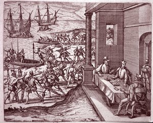 I conquistadores spagnoli Francisco Pizarro, Diego de Almagro e Hernando de Luque unirono le forze per conquistare il Perù (incisione)