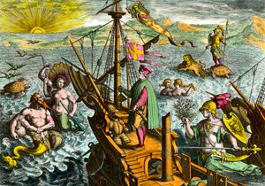 La nave del navigatore italiano Amerigo Vespucci (1454 - 1512) da Theodore de Bry