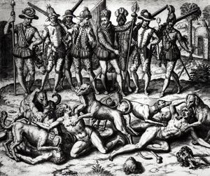 I cani di Vasco Nunez de Balboa attaccano gli indiani