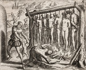 Tredici vittime impiccate e bruciate, rappresentazione dei crimini inflitti agli indiani dai coloni spagnoli da 