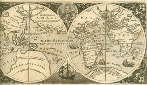 Pagina del titolo di Americae Pars VIII con un ritratto di Francis Drake e la sua nave, il Golden Hind da Theodore de Bry