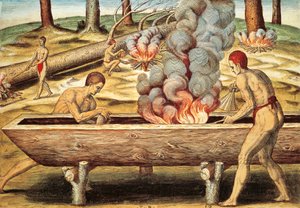 Indigeni della Virginia che costruiscono una piroga da Theodore de Bry