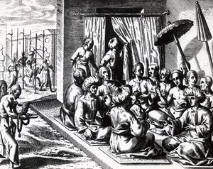 Cerimonia di matrimonio a Bantam, Isola di Giava, incisione di Theodor de Bry da Theodore de Bry