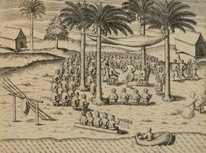 Accoglienza degli indigeni africani, illustrazione da Indiae Orientalis di Antonio Pigafetta da Theodore de Bry