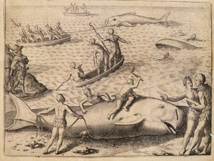 Caccia alla balena vicino a Spitsbergen, incisione di Theodor de Bry da India Orientalis