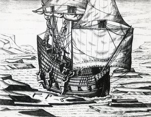 Nave di William Barents durante la terza spedizione olandese alla ricerca del Passaggio a Nord-Est, incisione di Theodor de Bry da Theodore de Bry