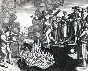 Donna che si getta sulla pira del marito, incisione da Theodore de Bry