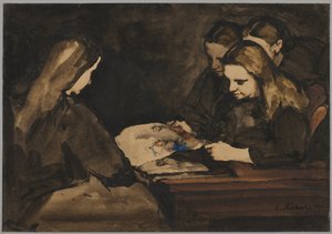 Quattro ragazze che studiano un disegno